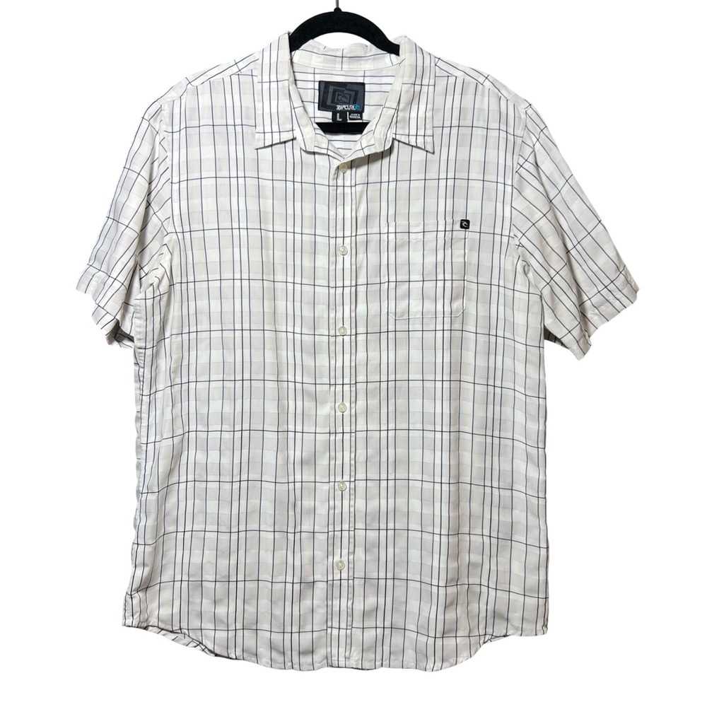 Y2K Rip Curl Mens Short Sleeve Button Up Shirt White Grey Blue Plaid Large